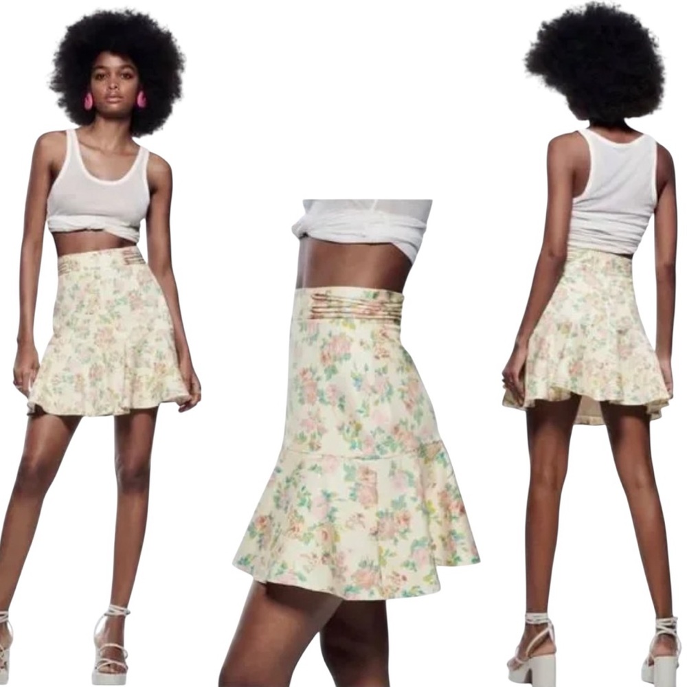 NWT ZARA Floral Mini Skirt High Waist Cottagecore Romantic Ruffle A Line Cream M